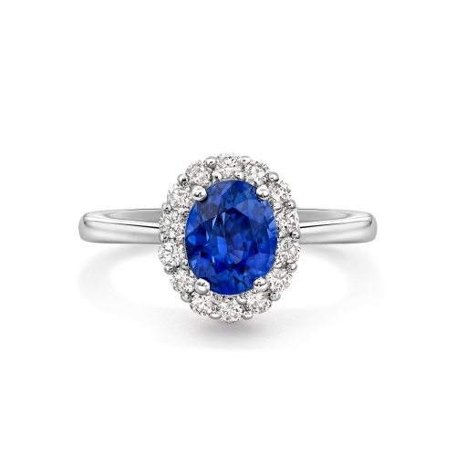 Sapphire & diamond oval cluster ring in 18ct white gold, 1762