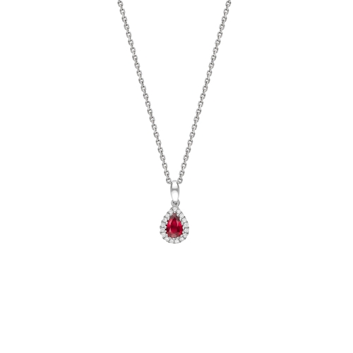 Ruby & diamond pear shaped cluster pendant in 18ct white gold, 2159