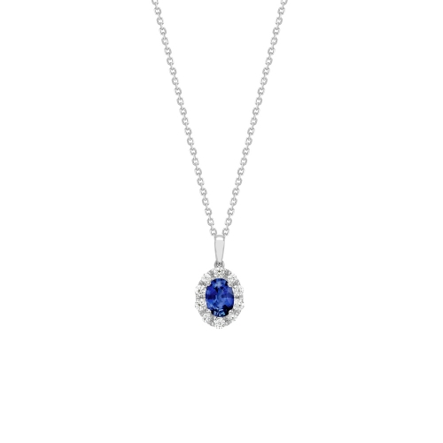 Sapphire & diamond oval shaped cluster pendant in 18ct white gold, 2867
