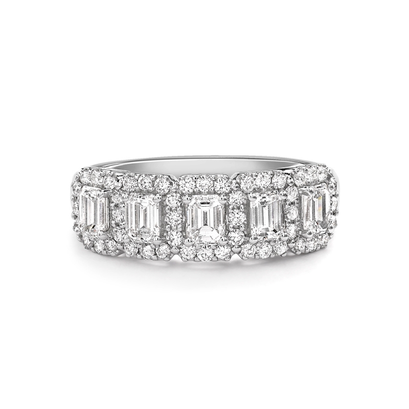Emerald cut diamond multi-cluster dress ring in 18ct white gold, 1087