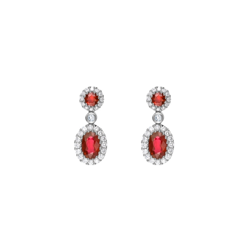 Ruby & diamond double drop cluster earrings in 18ct white gold, 1002