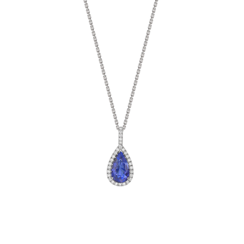 Sapphire & diamond pear shaped cluster pendant in 18ct white gold, 1089