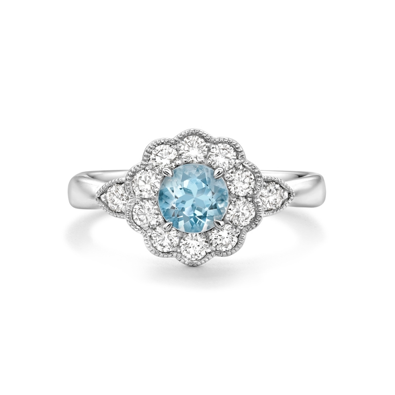 Aquamarine & diamond round claw set cluster ring in platinum, 1174