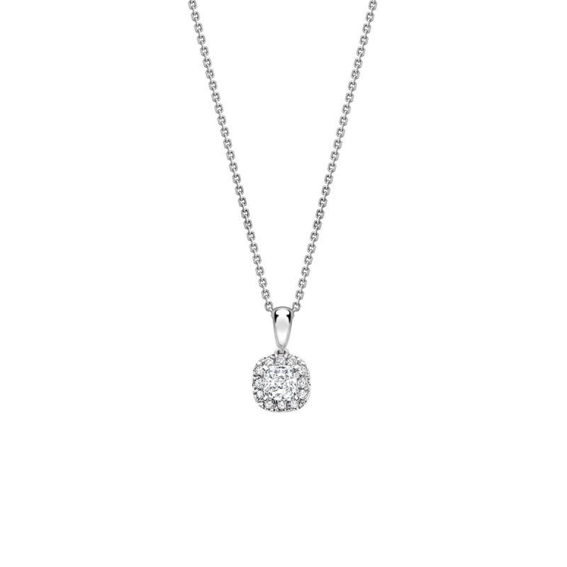 Cushion cut diamond claw set cluster pendant in 18ct white gold, 1192