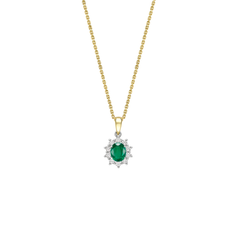 Emerald & diamond oval shaped cluster pendant in 18ct yellow gold, 1177