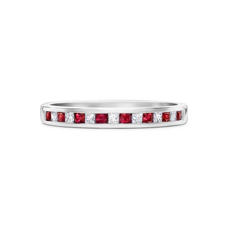 Ruby & diamond channel set half eternity ring in 18ct white gold, 1183