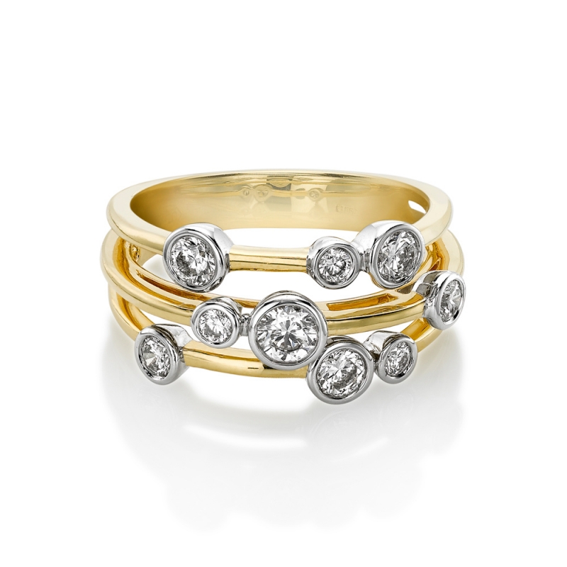 Brilliant cut diamond three strand "bubble" ring in 18ct yellow gold, 1440
