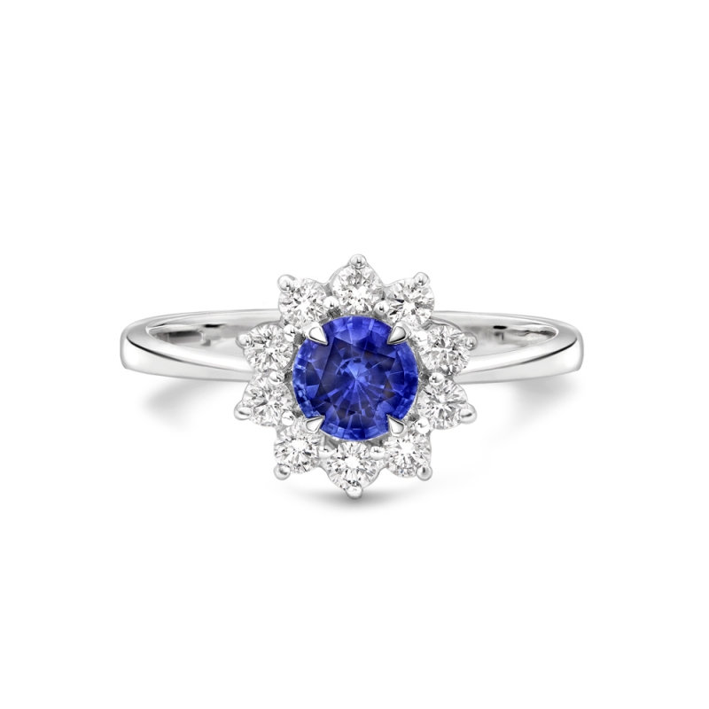 Sapphire & diamond round claw set cluster ring in 18ct white gold, 1621