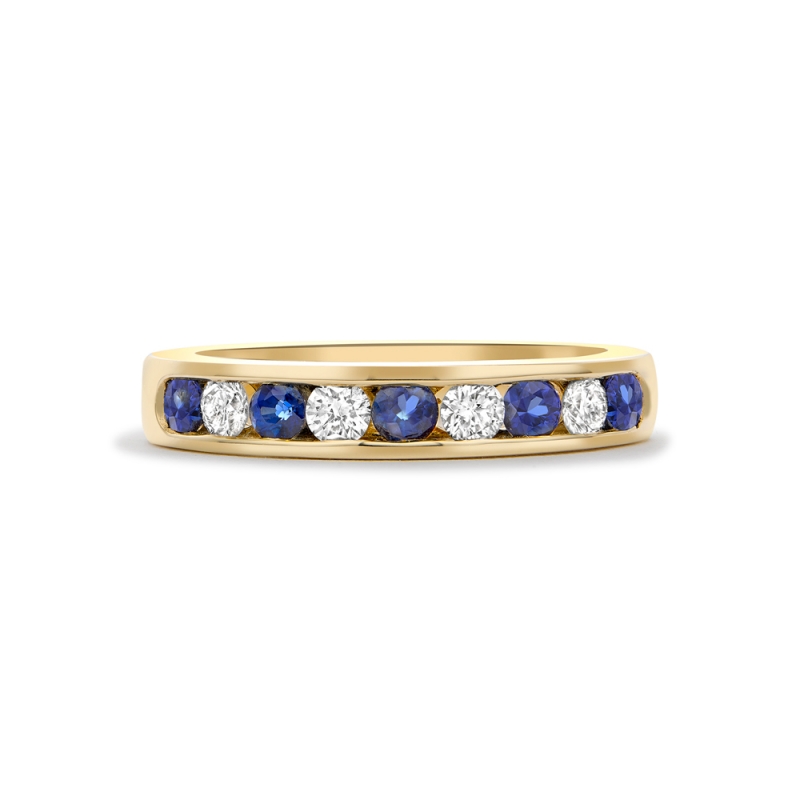 Sapphire & diamond channel set half eternity ring in 18ct yellow gold, 1794