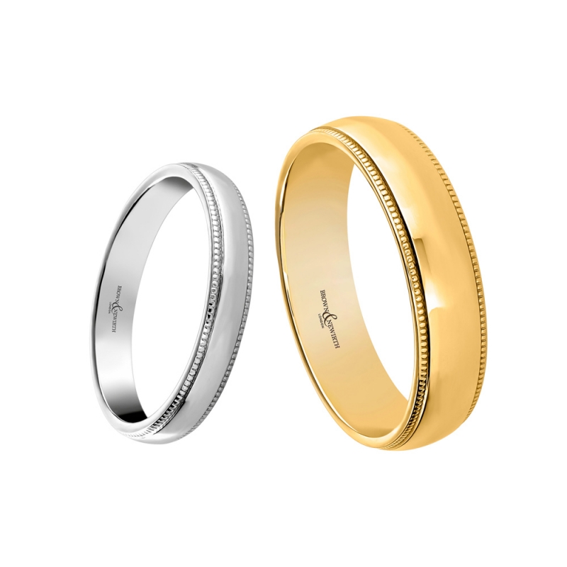 18ct white & yellow gold court-shaped milgrain edged wedding rings, 221/2467