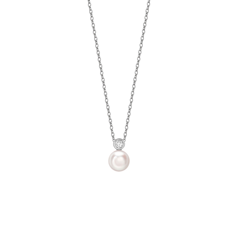 Akoya cultured pearl & rubover set diamond pendant in 18ct white gold, 2200