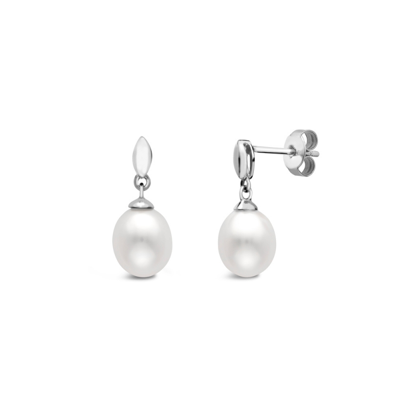 Freshwater cultured pearl & marquise drop earrings in 9ct white gold, 2308