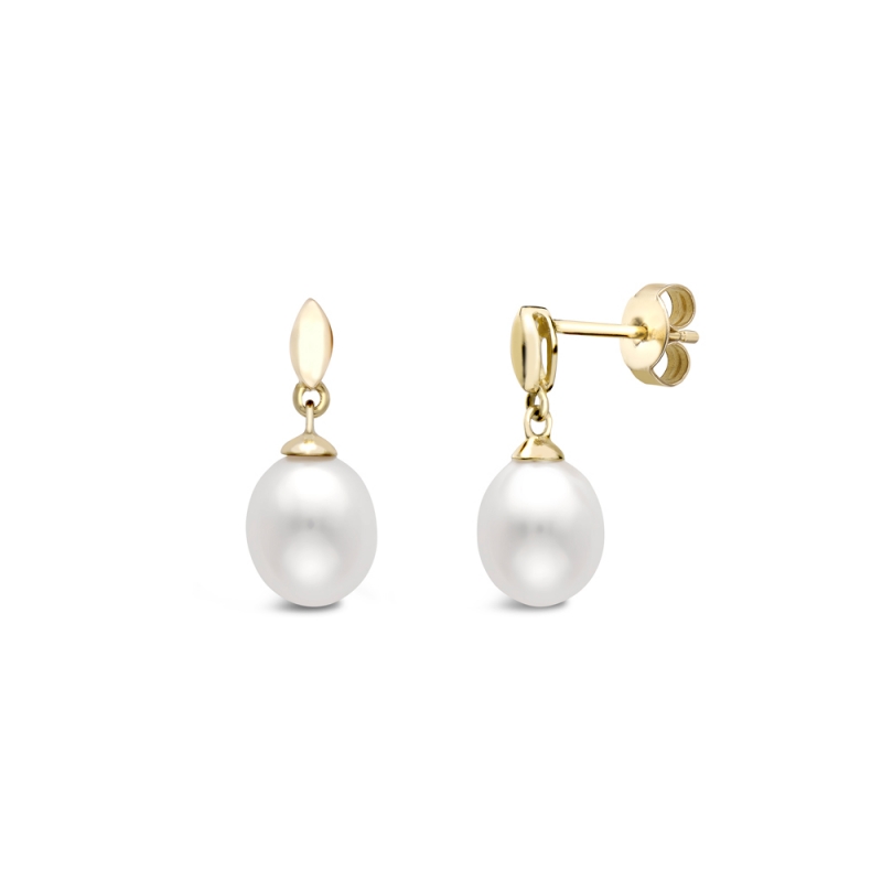 Freshwater cultured pearl & marquise drop earrings in 9ct yellow gold, 2309