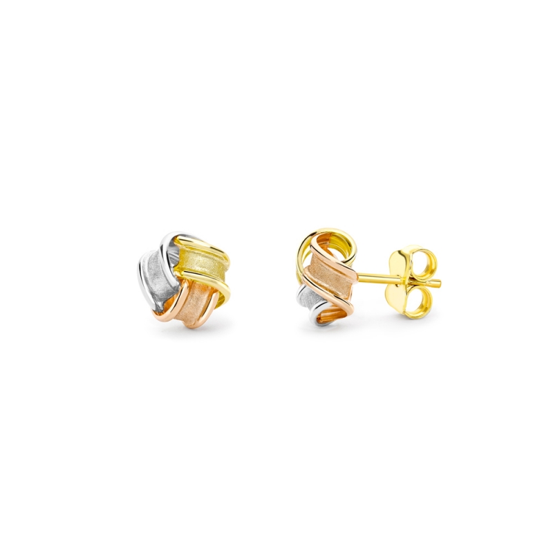 9ct three colour gold three strand polished & satin knot stud earrings, 2909