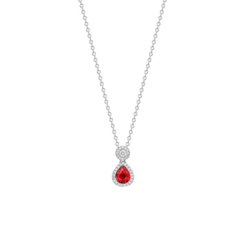 Ruby & diamond twin cluster pendant in 18ct white gold, 3024
