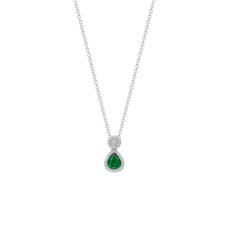 Emerald & diamond twin cluster pendant in 18ct white gold, 3805