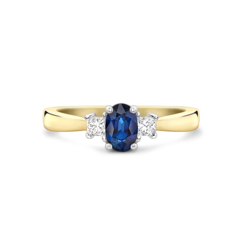 Oval sapphire & diamond claw set trilogy ring in 18ct yellow gold, 383