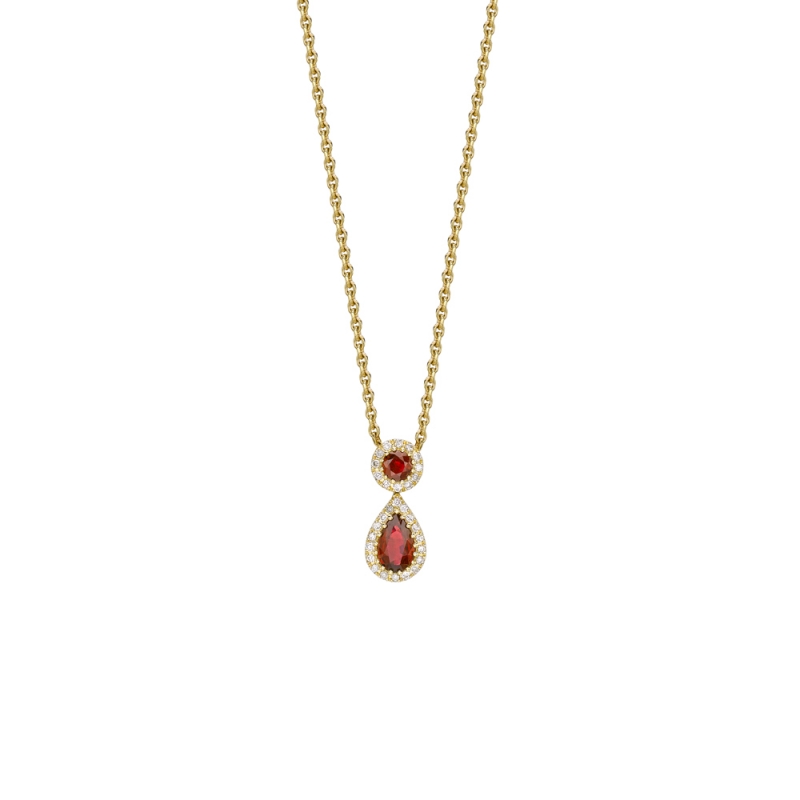 Ruby & diamond double cluster pendant in 18ct yellow gold, 389