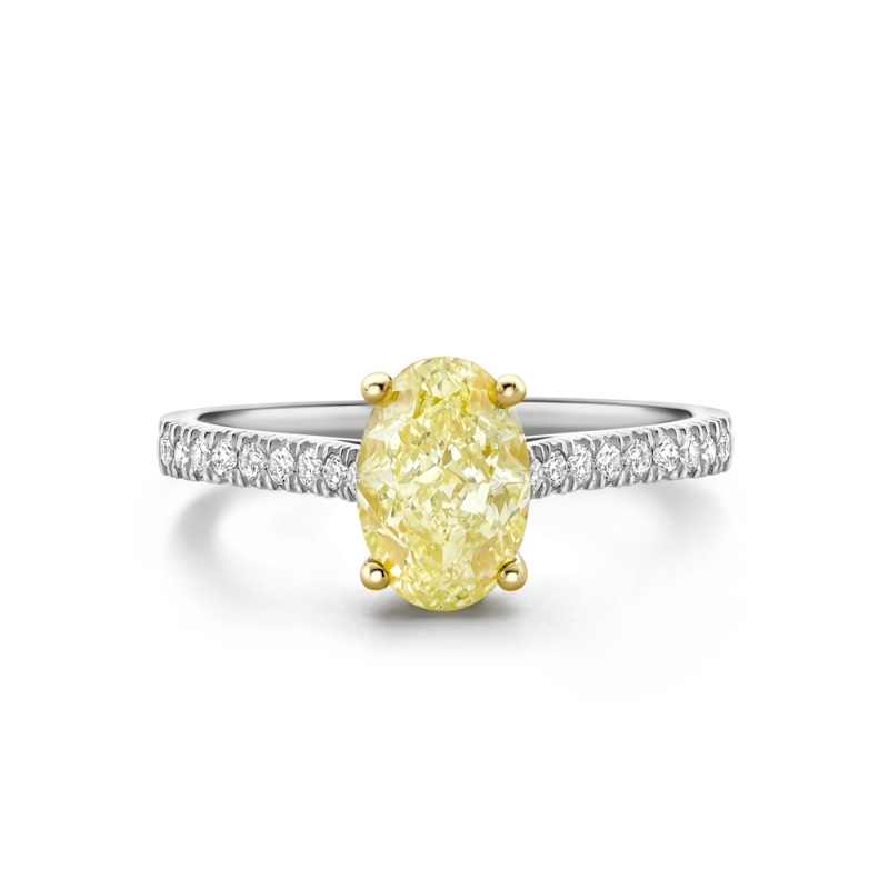 Yellow diamond solitaire ring with diamond set shoulders in platinum, 3842