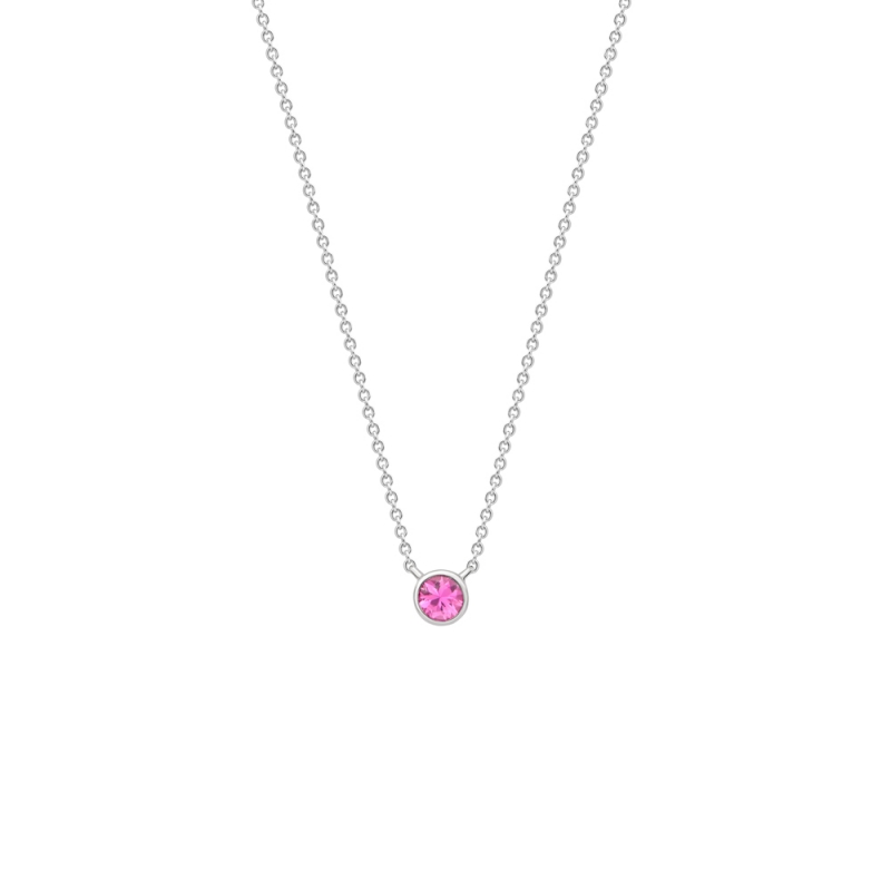 Pink sapphire rubover set solitaire pendant in 18ct white gold, 3989