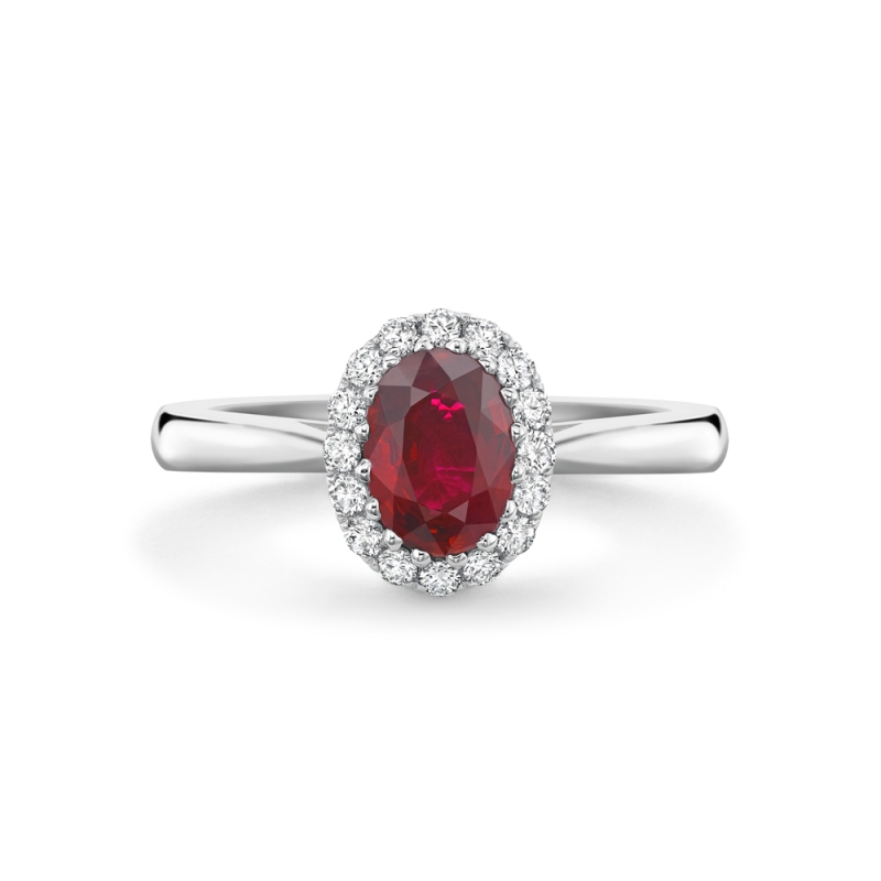 Ruby & diamond oval cluster ring in 18ct white gold, 393