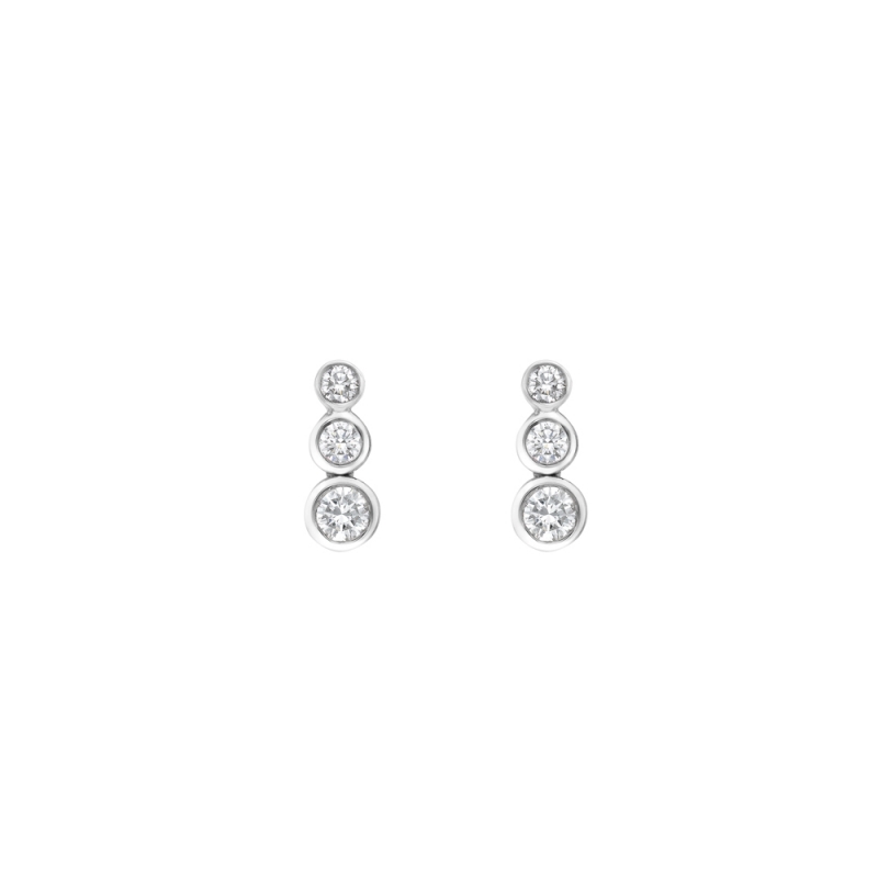 Brilliant cut diamond rubover set trilogy earrings in 18ct white gold, 409