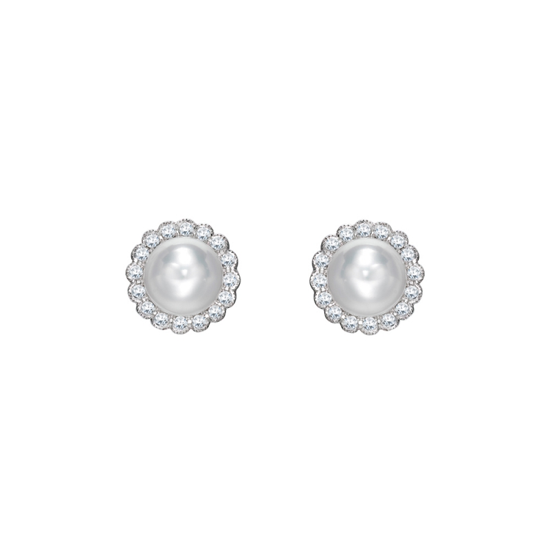 Freshwater cultured pearl & diamond cluster earrings in 18ct white gold, 476
