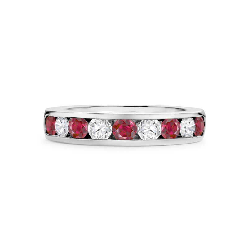 Ruby & diamond channel set half eternity ring in 18ct white gold, 5511