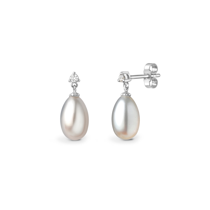 Freshwater cultured pearl & diamond drop earrings in 18ct white gold, 569