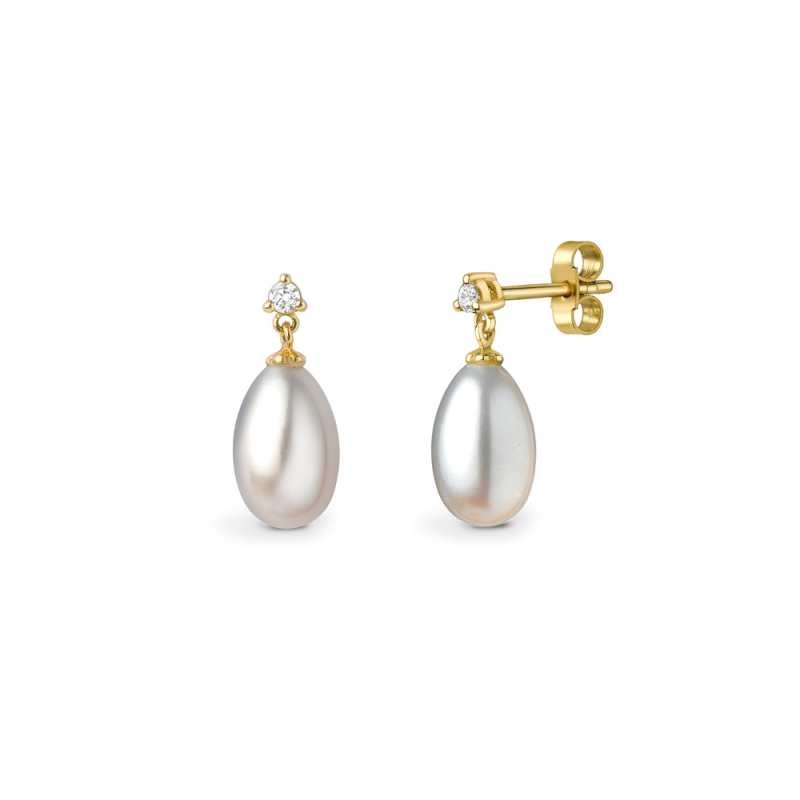 Freshwater cultured pearl & diamond drop earrings in 18ct yellow gold, 568