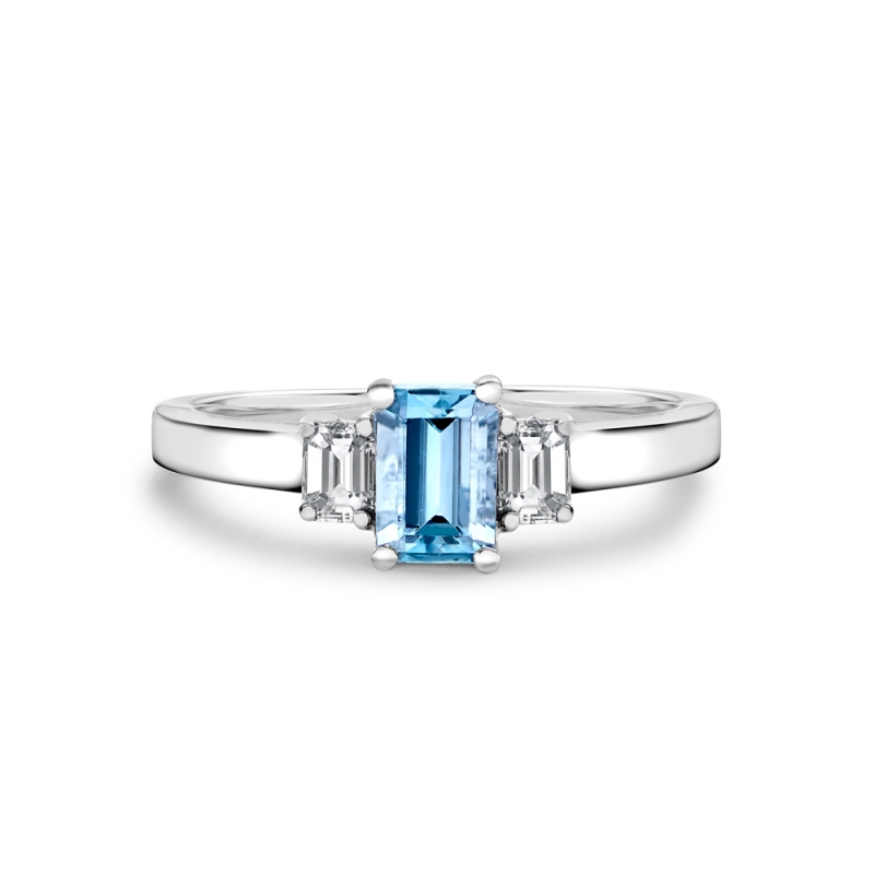 Aquamarine & diamond claw set trilogy ring in 18ct white gold, 617