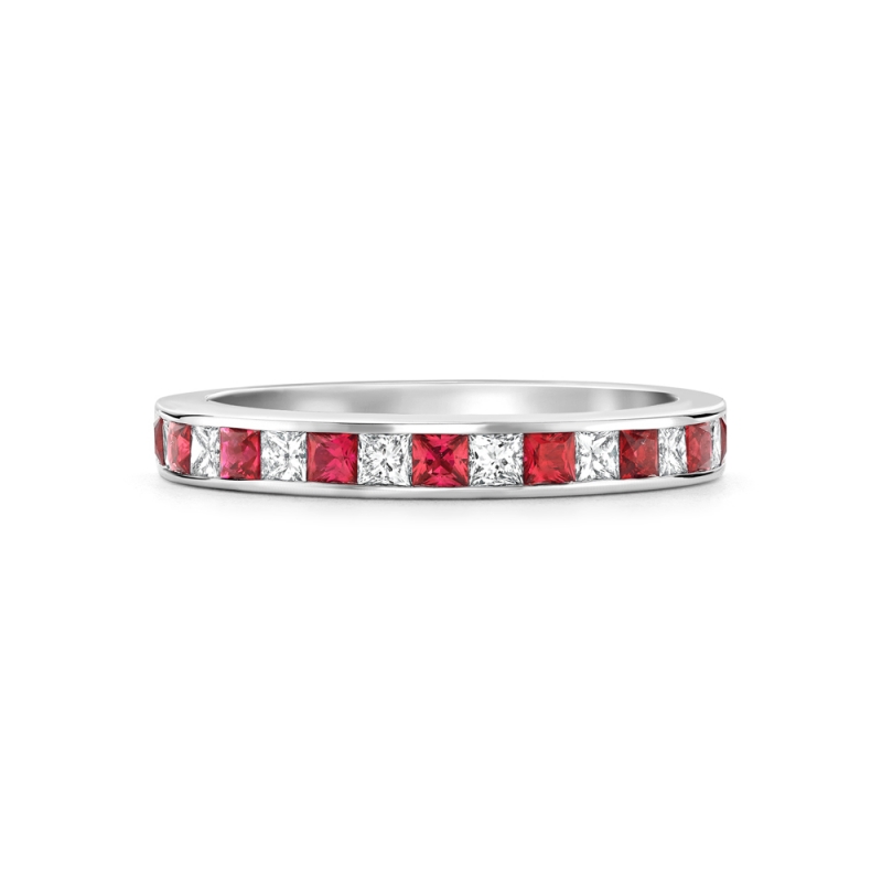 Ruby & diamond channel set half eternity ring in 18ct white gold, 626