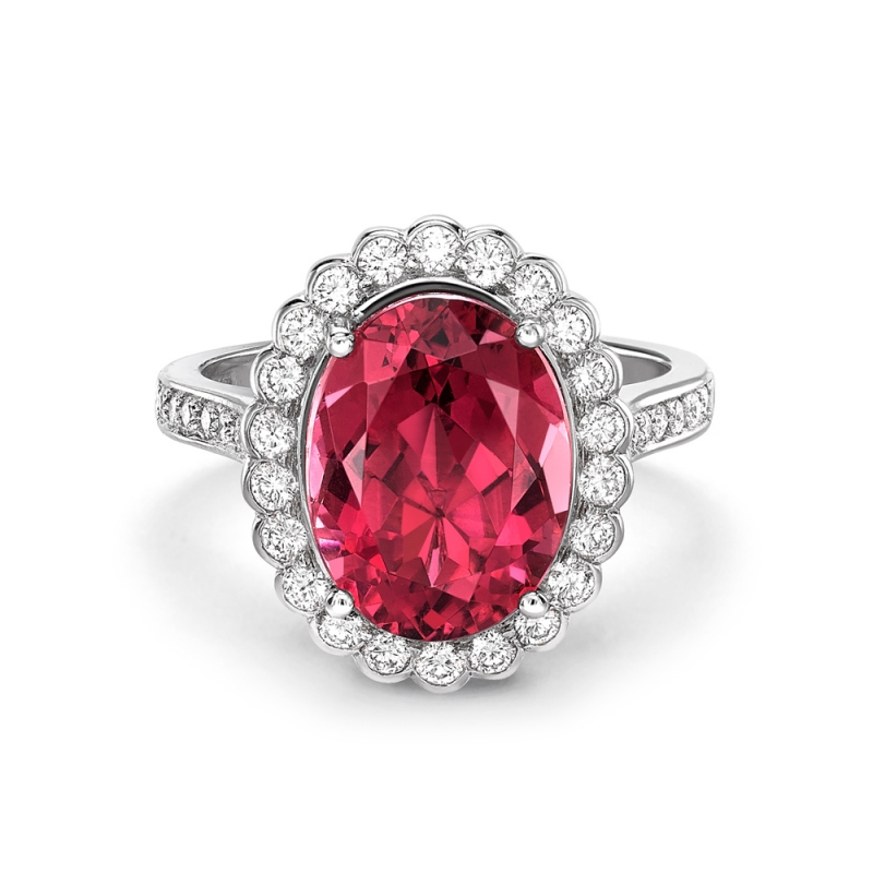 Oval pink tourmaline & diamond cluster ring in platinum, 722