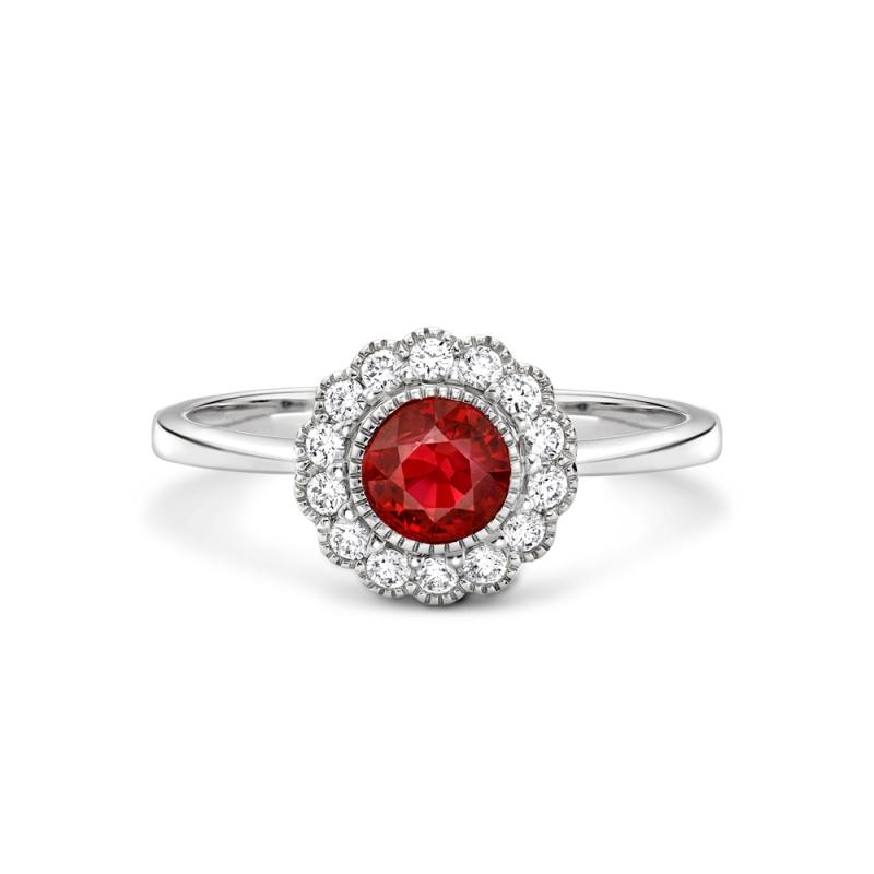 Ruby & diamond rubover set cluster ring in 18ct white gold, 770