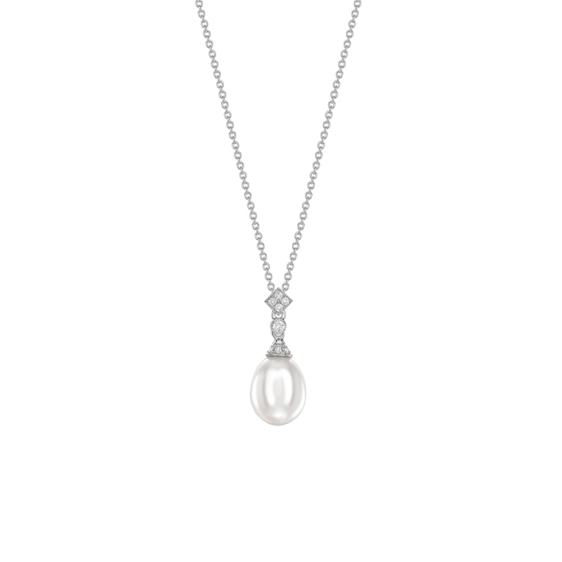 Freshwater pearl & diamond Art Deco pendant in 18ct white gold, 848