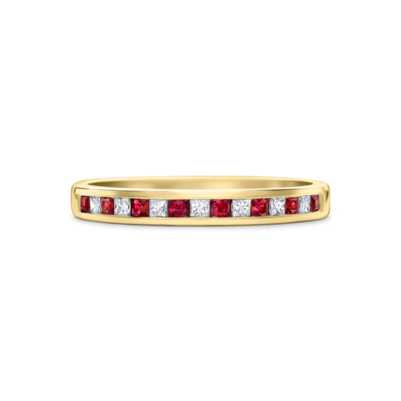 Ruby & diamond channel set half eternity ring in 18ct yellow gold, 998