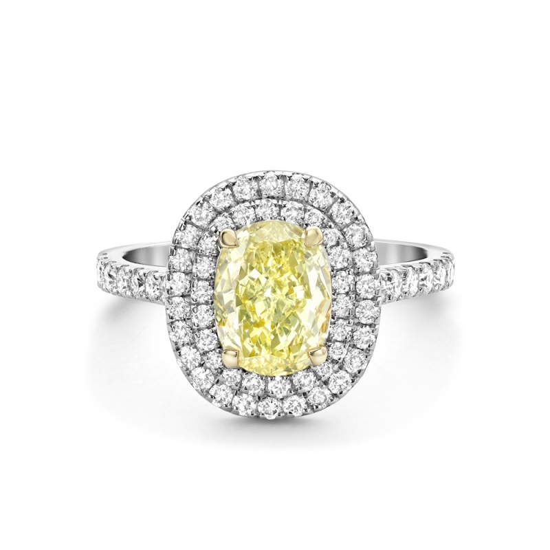 Yellow diamond double halo cluster ring in platinum, M169