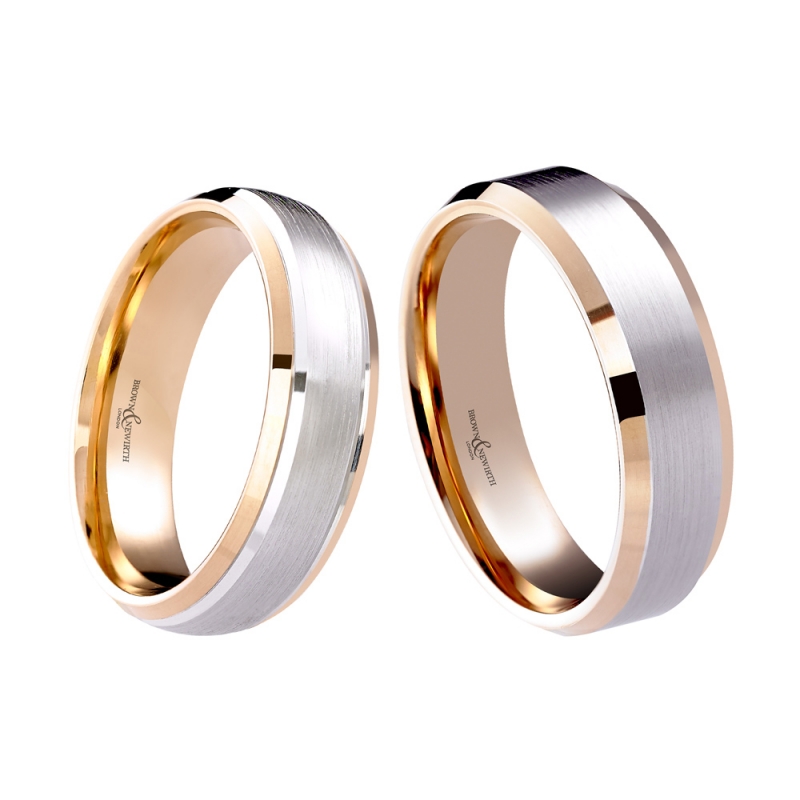 Two-colour patterned wedding rings with contrasting finishes, 165/169