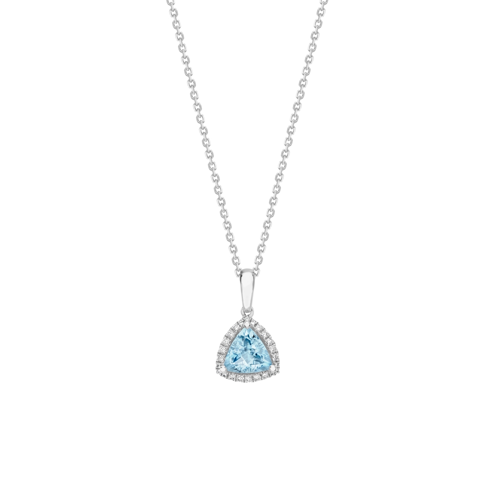 Aquamarine & diamond triangular cluster pendant in 18ct white gold, 2472