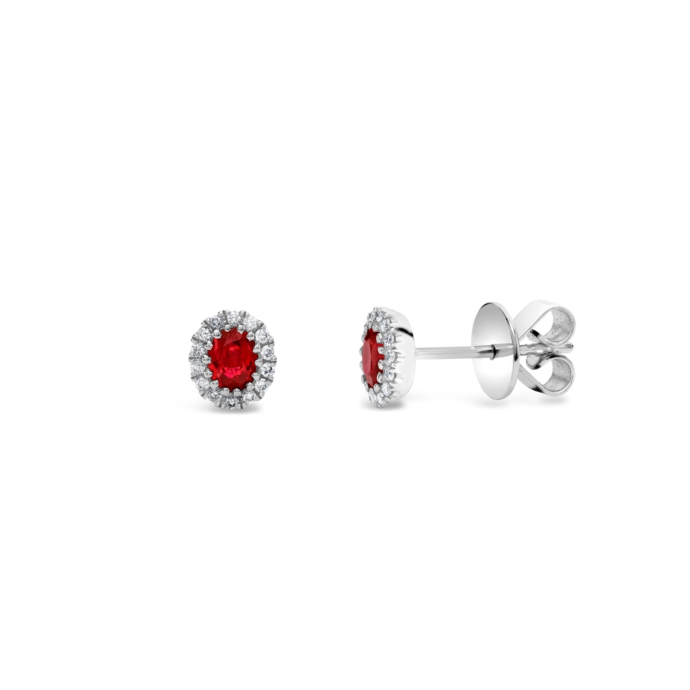 Ruby & diamond oval cluster stud earrings in 18ct white gold, 399