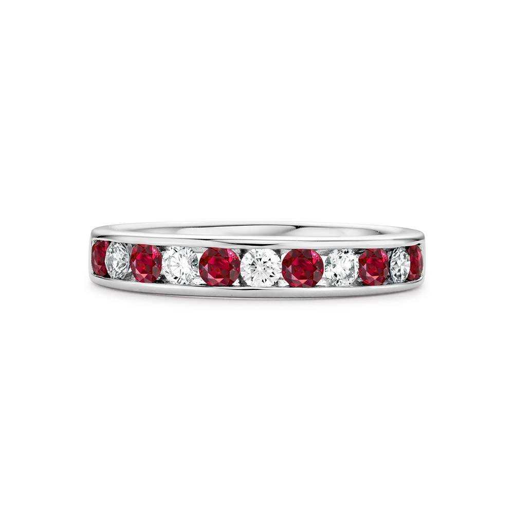 Ruby & diamond channel set half eternity ring in 18ct white gold, 625
