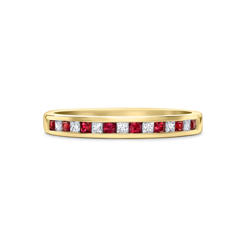 Ruby & diamond channel set half eternity ring in 18ct yellow gold, 998